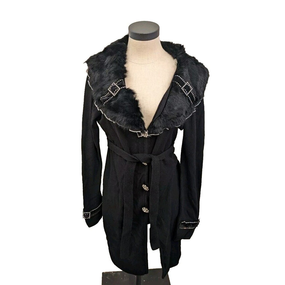 Felicity Women's Sweater Black Size M Faux Fur Trim Rhinestones Belted